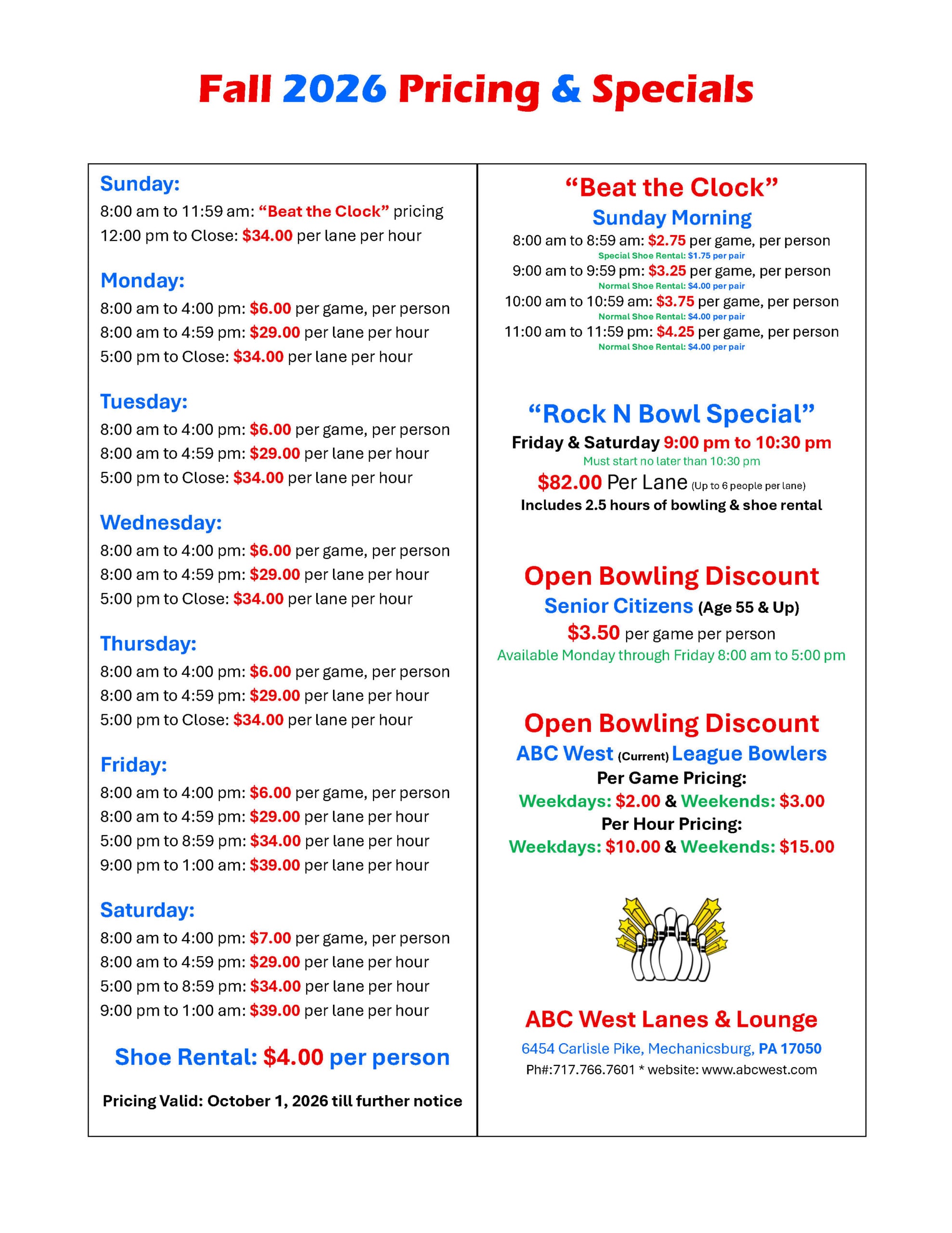updated Fall 2026 Pricing